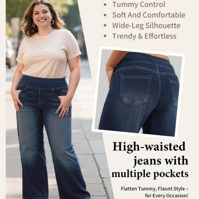 🏆LAST DAY SALE 49% OFF - Women's High-Waisted Washed Baggy Wide-Leg Stretchy Knit Jeans with Multiple Pockets – Comfortable Casual Denim