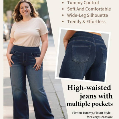 🏆LAST DAY SALE 49% OFF - Women's High-Waisted Washed Baggy Wide-Leg Stretchy Knit Jeans with Multiple Pockets – Comfortable Casual Denim