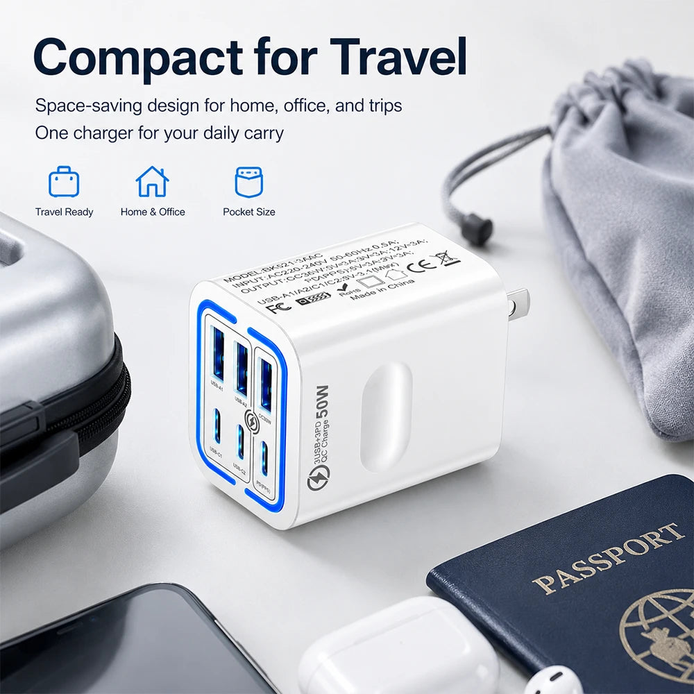 Portable Multi Port Charging Station 50W, 6-Port USB C & USB A