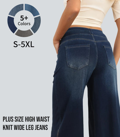 🏆LAST DAY SALE 49% OFF - Women's High-Waisted Washed Baggy Wide-Leg Stretchy Knit Jeans with Multiple Pockets – Comfortable Casual Denim