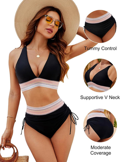 💖Summer Promotion 49% OFF💃2025 High Waisted Tummy Control Colour Block Bikini Sets
