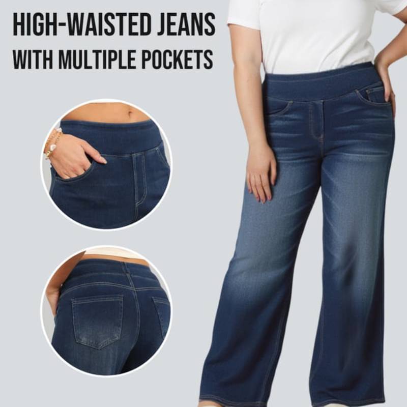 🏆LAST DAY SALE 49% OFF - Women's High-Waisted Washed Baggy Wide-Leg Stretchy Knit Jeans with Multiple Pockets – Comfortable Casual Denim