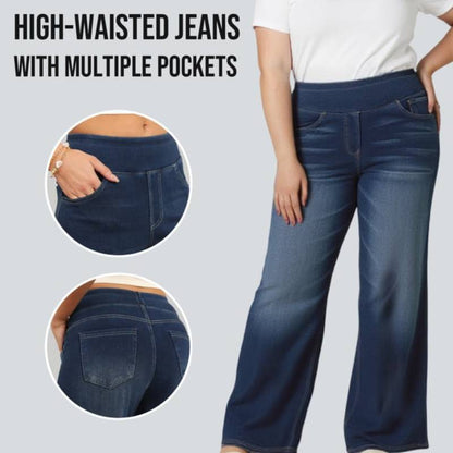 🏆LAST DAY SALE 49% OFF - Women's High-Waisted Washed Baggy Wide-Leg Stretchy Knit Jeans with Multiple Pockets – Comfortable Casual Denim