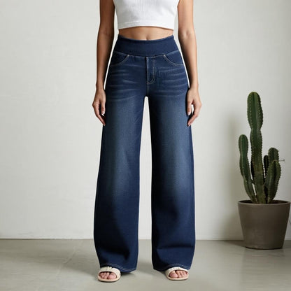 🏆LAST DAY SALE 49% OFF - Women's High-Waisted Washed Baggy Wide-Leg Stretchy Knit Jeans with Multiple Pockets – Comfortable Casual Denim